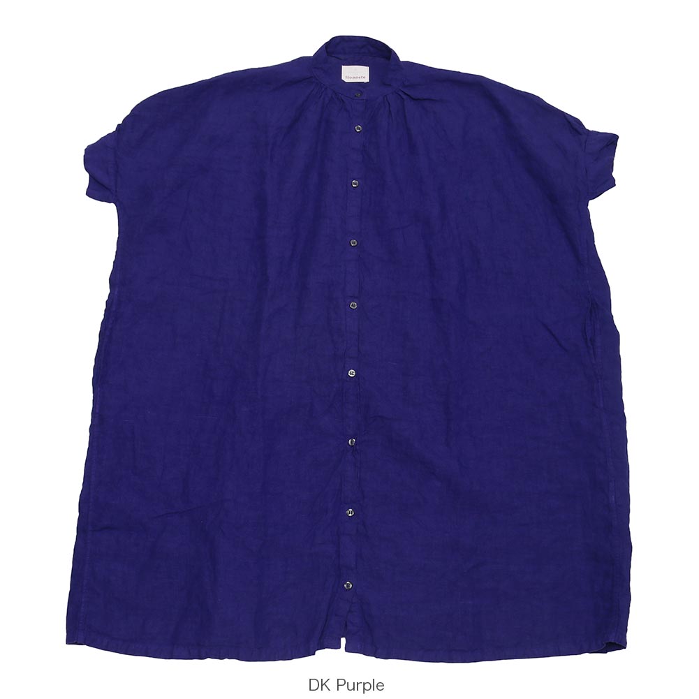 Honnete アイリッシュリネン ハーフスリーブ ノーカラー ワンピース 美品】オネット アイリッシュリネン ハーフスリーブ ノーカラー