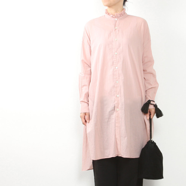 GARMENT DYE FRILL COLLAR LONG SHIRT